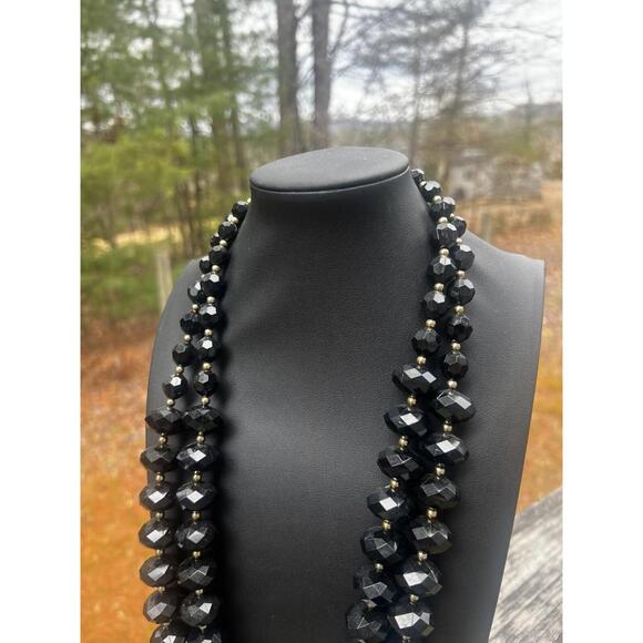 VTG KJL Kenneth Lane Faceted Jet Black Gold Bead Double Strand Necklace 28" Long - Picture 4 of 8